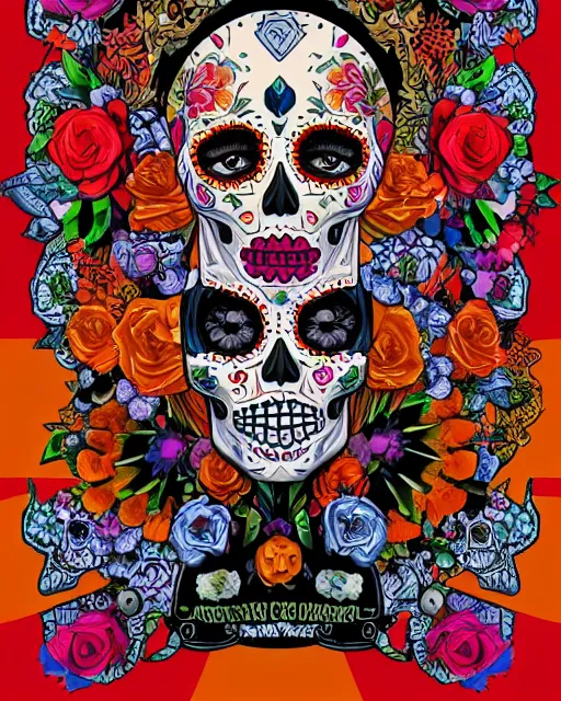 Prompt: dia de los muertos theme poster art by artemio rodriguez, lisa brawn, and gustave bauman, intricate, accurate facial details, profile picture, artgerm, retro latin america, nostalgic, ( old fashioned ), posterized colors
