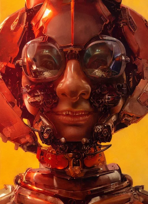 Prompt: ( symmetry ) closeup portrait of a stunning armored cyborg female pirate captain, strong cinematic light, backlight glow, red yellow, viscous smoke, vapour, mist, by gerald brom, by mikhail vrubel, by peter elson, muted colors, extreme detail, trending on artstation, 8 k