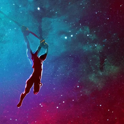 Prompt: athletic man doing a pullup using gymnastic rings, silhouette, long shot, in a cosmic nebula background, matte colors, dramatic, inspiring digital art trending on artstation