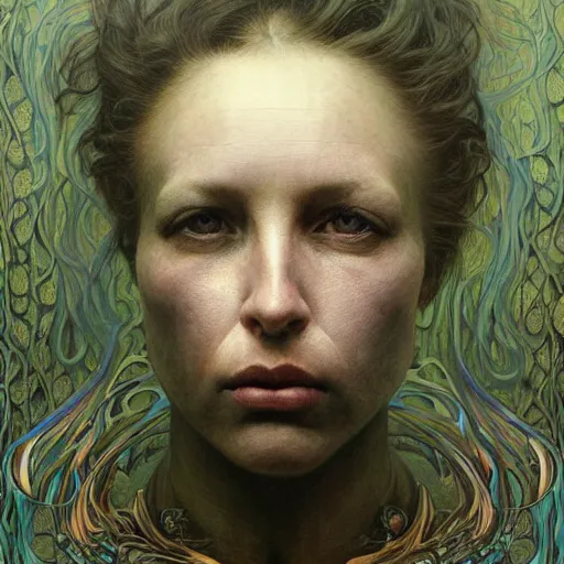 Prompt: a portrait by zdzisław beksinski, iris van herpen, raymond swanland and alphonse mucha. highly detailed, hyper - real, beautiful