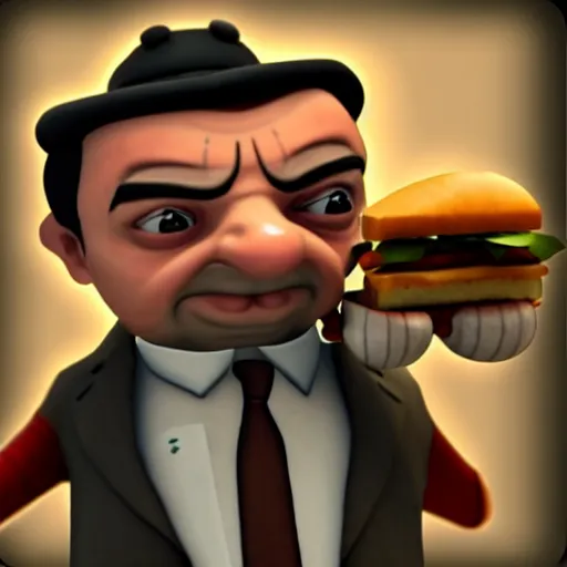 Image similar to mr. bean as heavy n team fortress 2 eating a sandwich. unreal engine, source engine, tf 2, valve