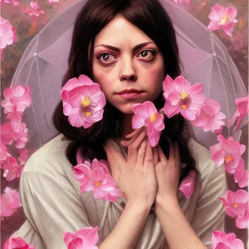 Prompt: pink petals with a ahape of a wonderful aubrey plaza and christina ricci and mila kunis and olivia newton john, intricate, elegant, highly detailed, wonderful eyes, sweet, digital painting, artstation, concept art, smooth, sharp focus, illustration, art by artgerm and greg rutkowski and alphonse mucha and william - adolphe bouguereau