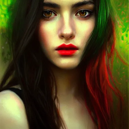 Image similar to a realistic illustration portrait of a beautiful cute girl with wavy black red shoulder - long hair, a pointy nose and, round chin black eyeliner and green pupills, in a garden, trending on artstation, hyper - realistic lighting, intricate by casey baugh