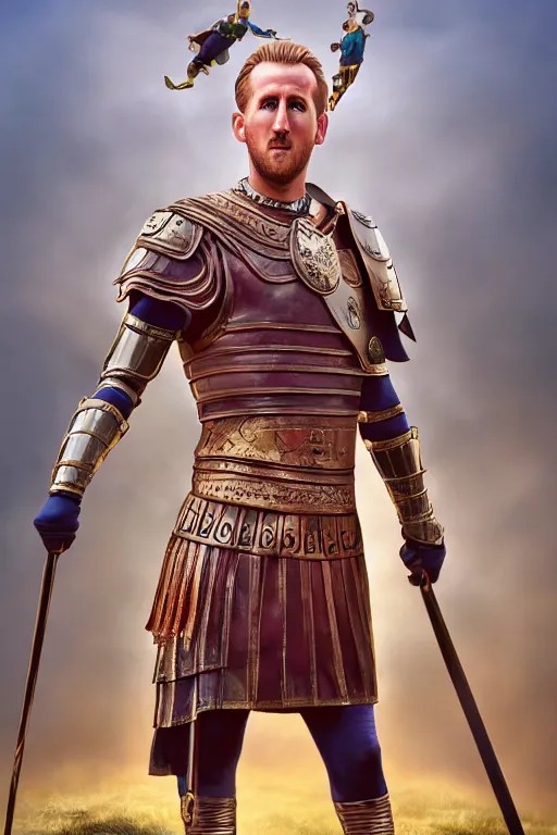 Prompt: an epic comic book style full body portrait painting of harry kane as a roman warrior, elegant, character design by Mark Ryden and Pixar and Hayao Miyazaki, unreal 5, DAZ, hyperrealistic, octane render, cosplay, RPG portrait, dynamic lighting, intricate detail, summer vibrancy, cinematic