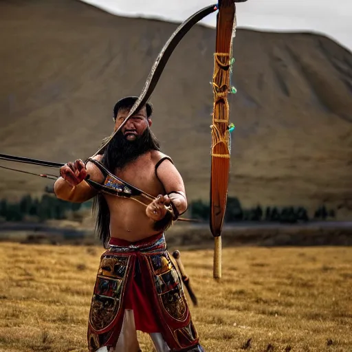 Image similar to tula the mongolian warrior firing his bow and arrow from the ancient lands of taran, highly detailed, ultrawide lens, photography award of the year 2 0 2 0