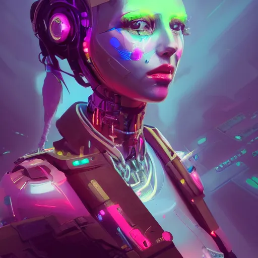 Image similar to portrait of a beautiful cybernetic raver girl, cyberpunk concept art by pete mohrbacher and artgerm and wlop and deathburger and syd mead, digital art, highly detailed, intricate, sci-fi, neon colors, sharp focus, Trending on Artstation HQ, deviantart, unreal engine 5, 4K UHD image