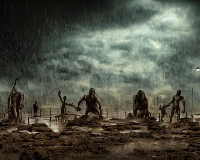 Image similar to gods of mud and clay emerge during a midnight rainstorm. realistic style, motion blur, ominous, disturbing.