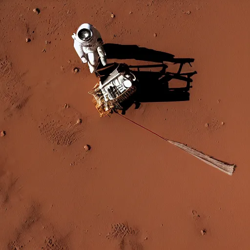 Prompt: closeup portrait of an astronaut with a broom sweeping on mars, natural light, photography, world press photo