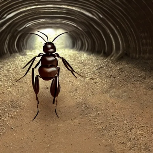 Prompt: humans wearing realistic ant costumes in an underground dirt tunnel