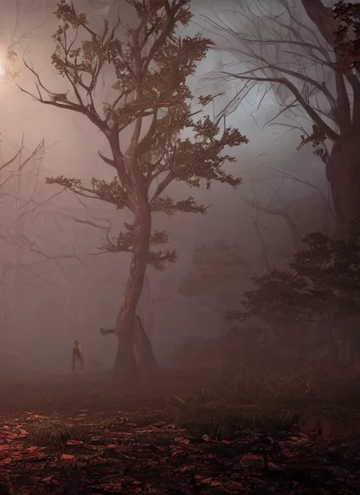 Image similar to A cinematic still of Evil Dead 2 (1987), particles, volumetric light, hyperrealistic, ultradetailed, fog, ominous, octane render, unreal engine