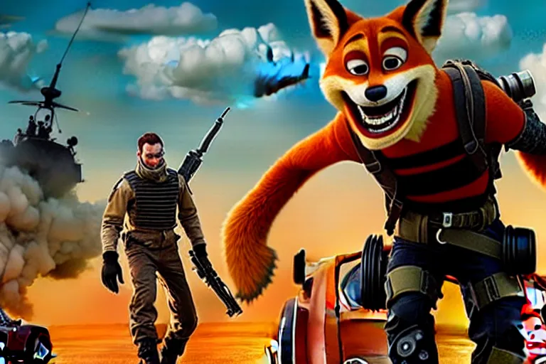 Image similar to nick wilde, heavily armed and armored facing down armageddon in a dark and gritty reboot from the makers of mad max : fury road