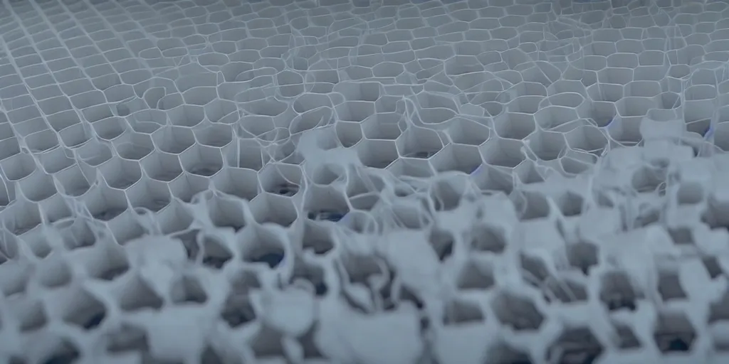 Image similar to a strange huge honeycomb asymmetric melting vases in the white room, film still from the movie directed by denis villeneuve with art direction by zdzisław beksinski, close up, telephoto lens, shallow depth of field