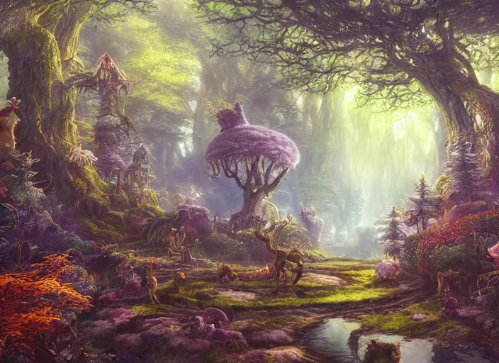 Image similar to desktop background, magical fantasy forest, magical cat creatures, path traced, highly detailed, high quality, digital painting, by studio ghibli, lise deharme, alexander jansson, paul lehr, tim white, hans zatzka, george stubbs, louis wain