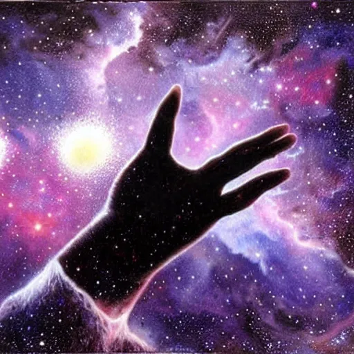 Image similar to a hand made out of nebula, hand in nebula, hand!!!, david a. hardy