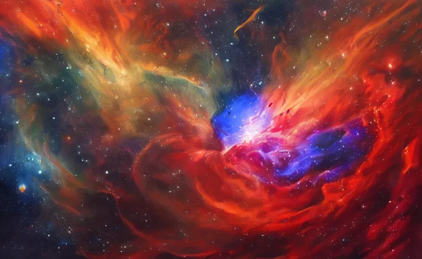 Image similar to an oil painting of a beautiful space nebula, red and blue; hyper-detailed; an extraordinary masterpiece!!!; flawless; trending on artstation