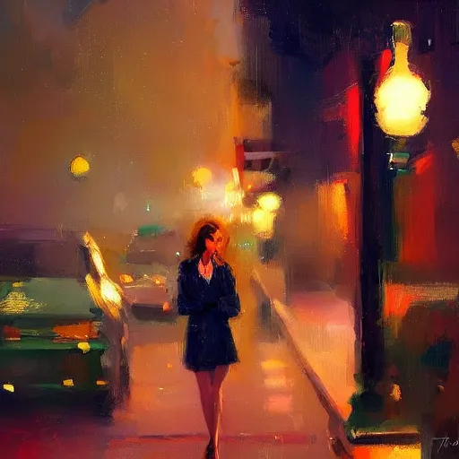 Image similar to aesthetic! stunning portrait of a woman in a serene san francisco streetscape at night by antoine blanchard, artstation, art - deco, cinematic lighting