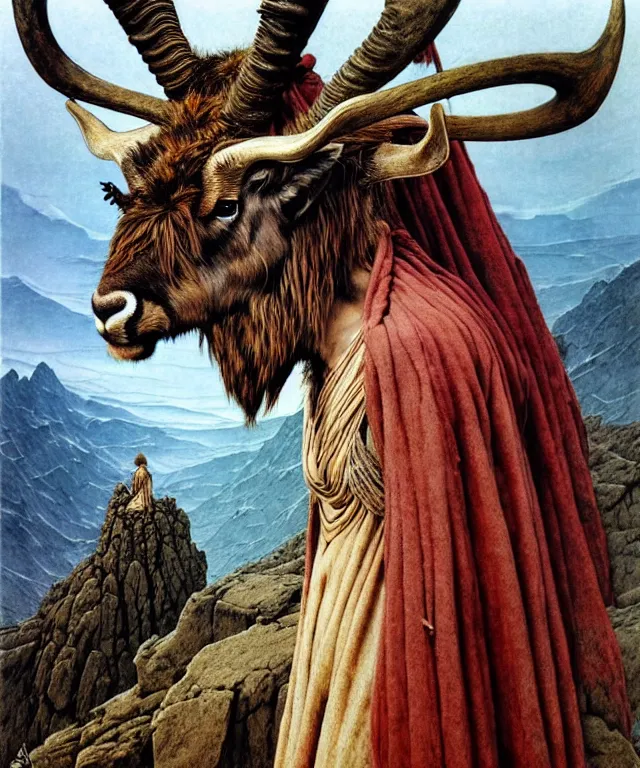 Image similar to A detailed horned antelopewoman stands among the mountains. Wearing a ripped mantle, robe, many rings. Extremely high details, realistic, fantasy art, solo, masterpiece, art by Zdzisław Beksiński, Arthur Rackham, Dariusz Zawadzki