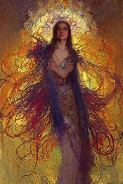 Prompt: a beautifull intricate painting of a disembodied soul wearing a feathered cloak surrounded by tendrils, vivid colors, artstation, by jeremy mann, by alphonse mucha,