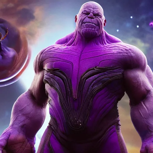 Image similar to a screenshot of a purple-skinned Danny Devito playing Thanos in Avengers Endgame