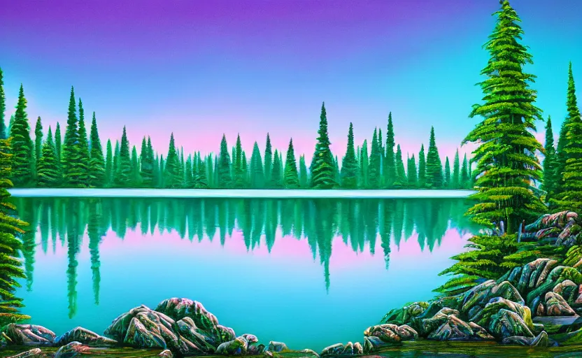 Prompt: beauti ful award winning synthwave painting of a canadian lake, extreme detail, 4 k, ultra hd