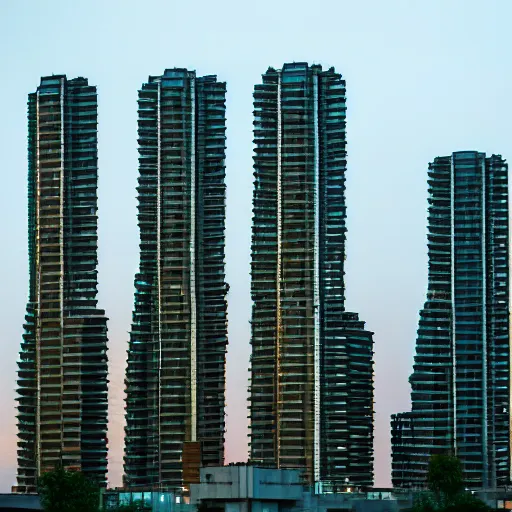 Image similar to a wide shot of a sci - fi beautiful neo - brutalist monumental multi - building structure, tall buildings with spaceship parking lots on top, with many rounded elements sprouting from the base tower creating a feel of an organic structure, photography shot at blue hour