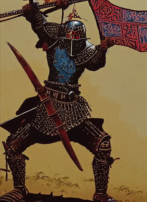 Image similar to character art illustration of a medieval Byzantine infantry warrior by Angus McBride.