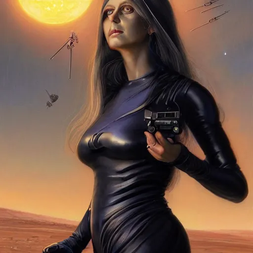 Image similar to pleiadian woman with big eyes and long silver hair wearing a dark body suit and holding a plasma gun as a realistic sci fi character, portrait art by donato giancola and greg rutkowski, digital art, trending on artstation, standing in a barren field, long silver hair, full body