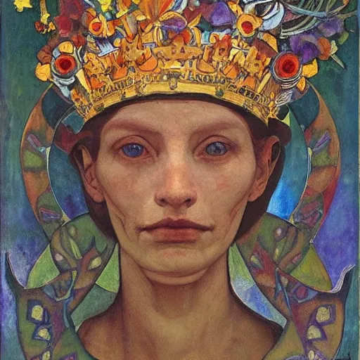 Prompt: the crown of flowers and bones, by Annie Swynnerton and Nicholas Roerich and Diego Rivera, bioluminescent skin, elaborate costume, geometric ornament, symbolist, cool colors, smooth, sharp focus, extremely detailed