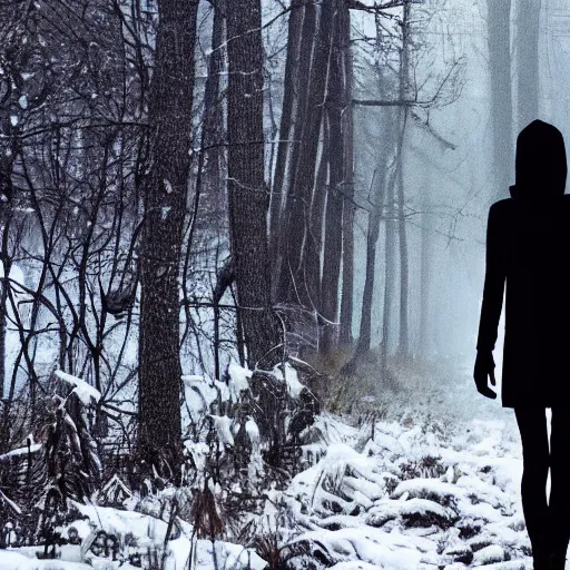 Image similar to blood soaked skinwalker, lanky, skinny, pale skin, snow, forest, dark, horrifying