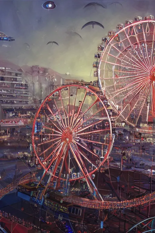 Prompt: the Santa Monica Pier and Ferris Wheel being visited by a large UFO, an epic painting, glinting metal, volumetric lighting, intricate, elegant, highly detailed, digital painting, artstation, concept art, smooth, sharp focus, art by Maciej Kuciara