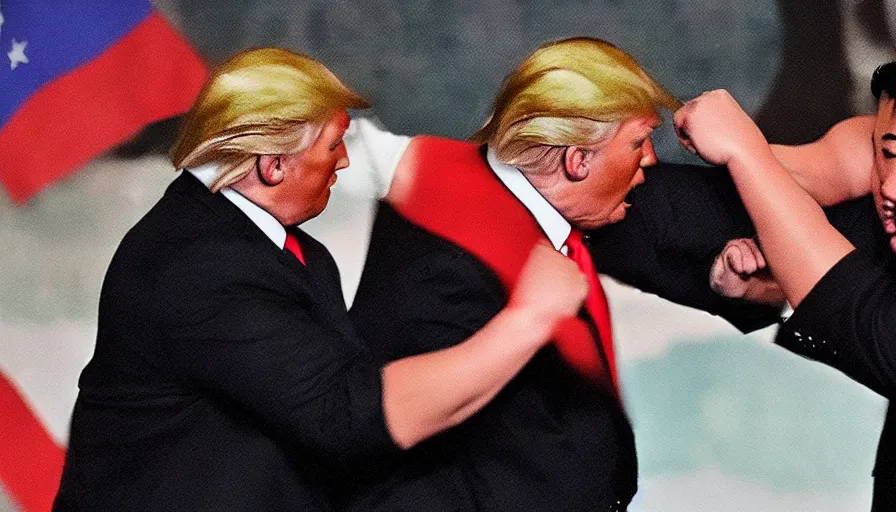 Prompt: an angry donald trump punching kim jong un , realistic photo