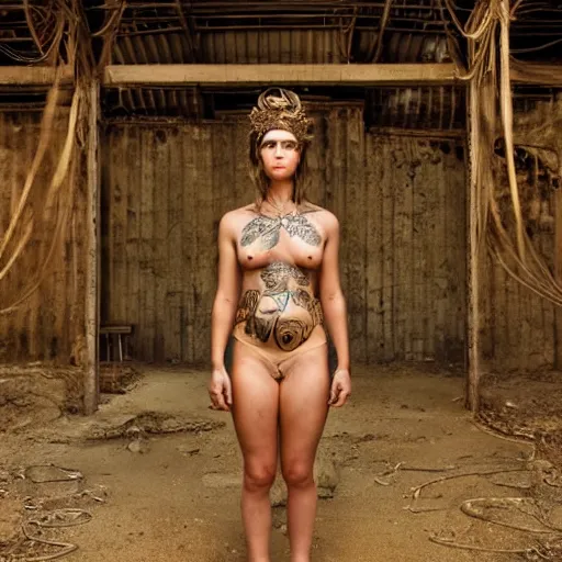 Image similar to A perfect female goddess stands for a waist up portrait with her body sightly wrapped in thin gold wire creatively arranged so as to look like biker tattoos, in an abandoned barn, hyper photo realistic 8K HD HDRI, photo by Annie Leibovitz.