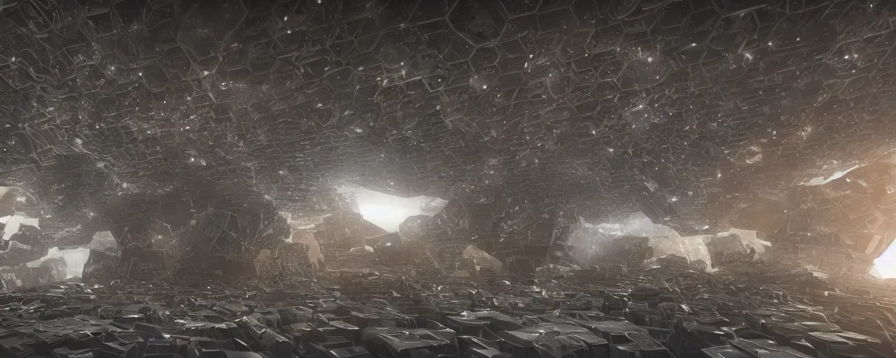 Image similar to movie still, brutalist wasp hive in space, unreal engine, octane render, detailed and intricate, global illumination, volumetric lighting, hubble telescope images, james webb telescope images, detailed and intricate environment