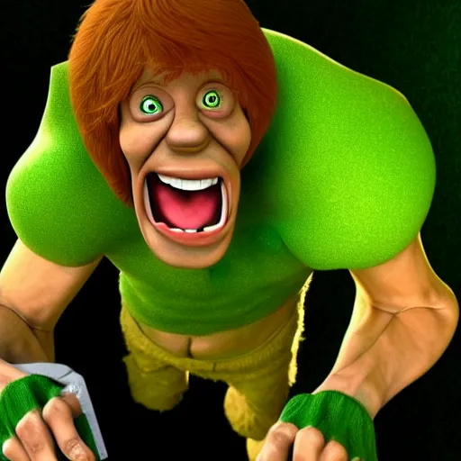 Image similar to a buff shaggy rogers making a surprised face, concept art by guillermo del toro, cgsociety, verdadism, creepypasta, zbrush, groovy