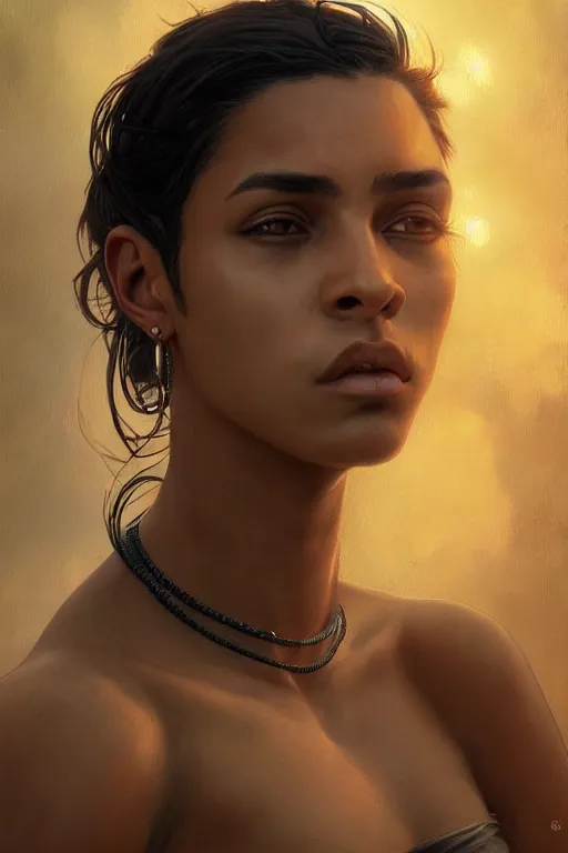 Image similar to photorealistic portrait of a young butch solarpunk cuban woman, handsome, female, masculine, upper body, fantasy, fierce, sharp features, intricate, elegant, highly detailed, digital painting, artstation, concept art, matte, sharp focus, illustration, art by artgerm and greg rutkowski and alphonse mucha