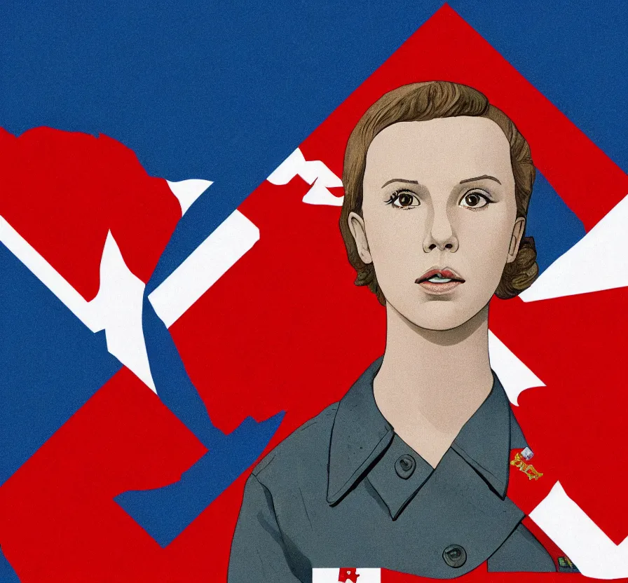 Image similar to millie bobby brown, urss flag, propaganda, poster, revolution, communist, high detail, year 1 9 4 4, russian letters, lenin, trending on artstation, illustration, film still, hammer and sickle