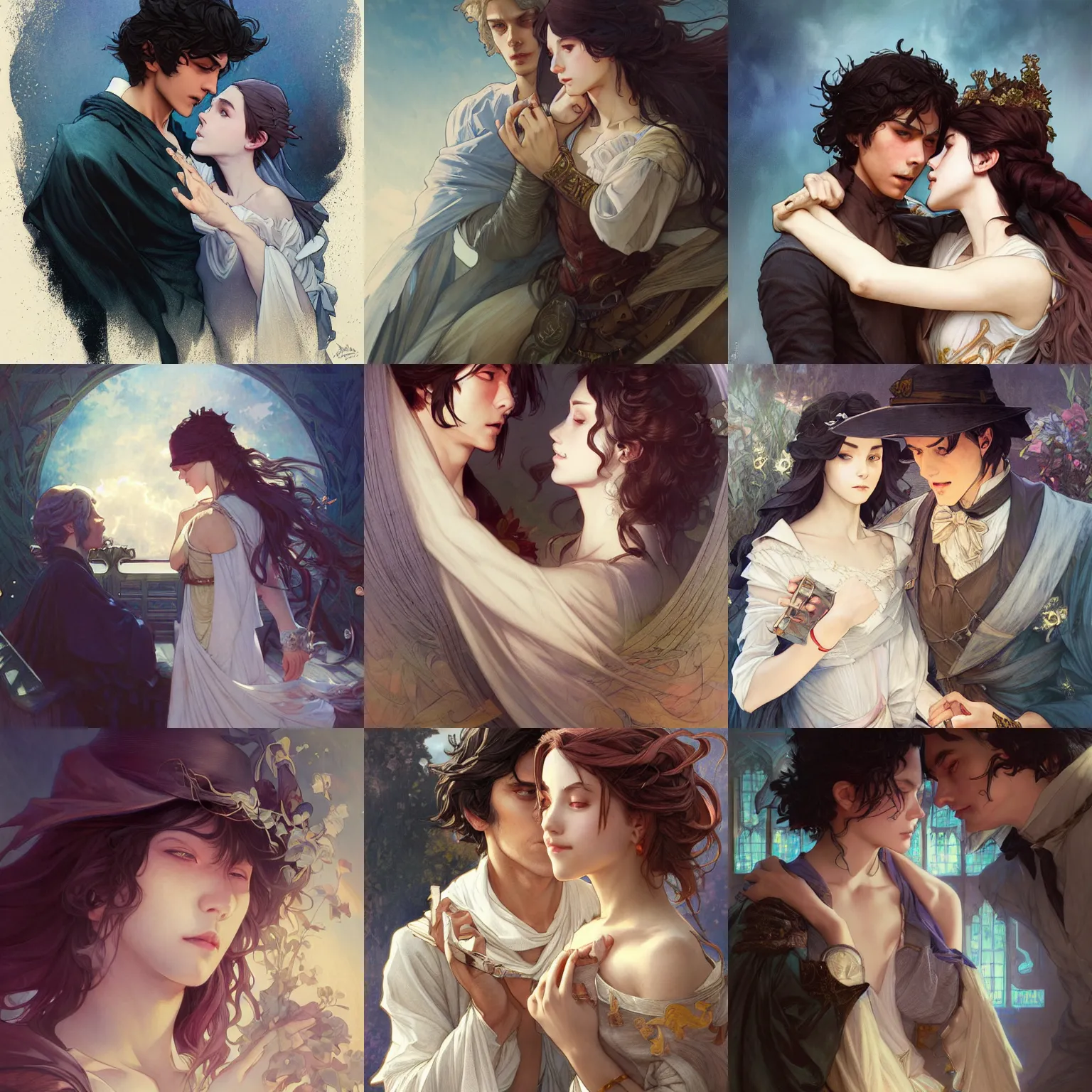 Prompt: romeo and juliet, edmond dantes, art by artgerm and greg rutkowski and magali villeneuve and alphonse mucha and rossdraws and makoto shinkai, d & d, fantasy, portrait, highly detailed, headshot, digital painting, trending on artstation, concept art, sharp focus, illustration