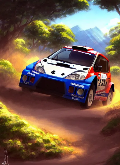 Image similar to suzuki pikes peak rally car, natural lighting, path traced, highly detailed, high quality, digital painting, by don bluth and ross tran and studio ghibli and alphonse mucha, artgerm