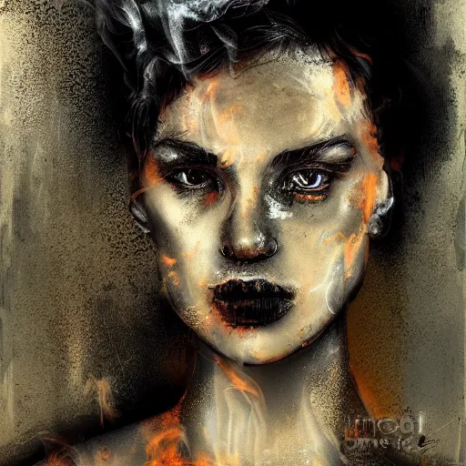 Prompt: a portrait of a beautiful young woman made of smoke and ember, high contrast, hdr, by enki bilal