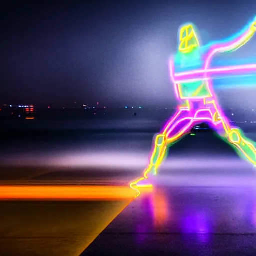 Image similar to break dancer made of neon lights, long exposure shot, tron, fog, water on the ground, cinematic view from lower angle, design, adobe