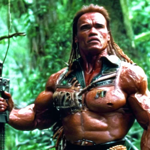 Prompt: arnold schwarzenegger in predator ( 1 9 8 7 ), 8 k wide shot