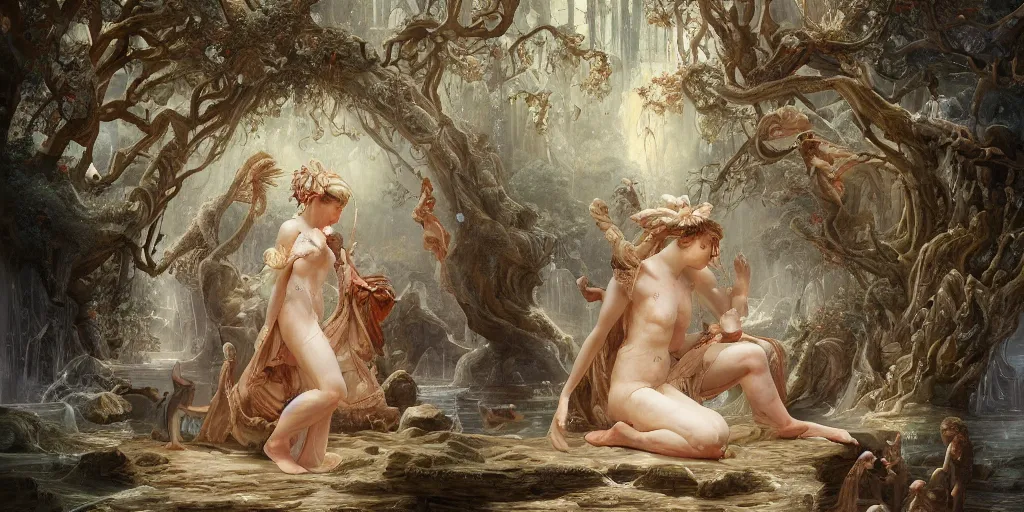 Image similar to a stunning and noble highly detailed romantic period style painting of the place where gods come into being by james jean, josep tapiro baro and harles sillem lidderdale, trending on artstation, oil painting masterpiece, symmetry, rule of thirds, mysterious