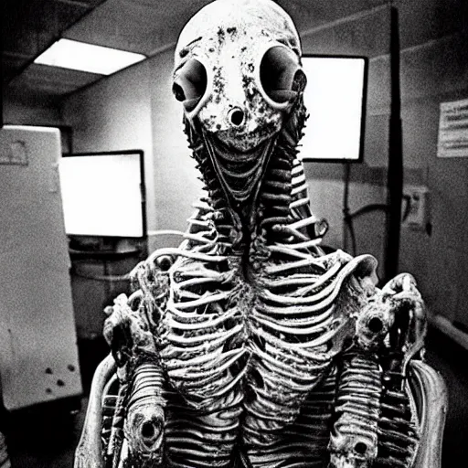 Image similar to “ugly filthy gross fleshy raw meat insectoid cybernetic mummy horse standing in a filthy dirty small server room filled with garbage and networking cables. David Cronenberg. Body horror style. 35mm.”