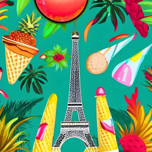 Prompt: eiffel tower surrounded by ice cream in a tropical forest with animals, modern art, mysterious, colorful,