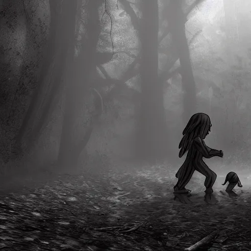 Prompt: a grave digger with remnants of angel wings is chasing a child through a creek in the woods, bad dream, hazy memory, volumetric, hyper realistic, dark black and white in the style of alvin schwartz, epic angles