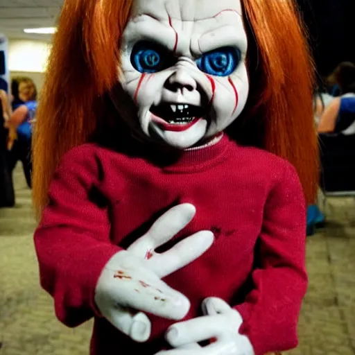 Image similar to Chucky the killer doll for sale at a horror convention