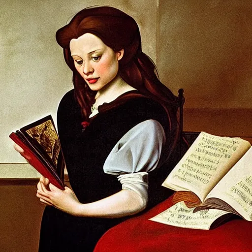 Prompt: Belle from Beauty and the Beast reading a book. Painted by Caravaggio, high detail - n 4