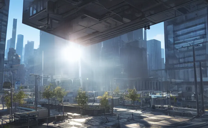 Image similar to photorealistic Area 18 city district. daylight. sunlight. lens flare. light fixtures. 8K. detailed. photorealism. artstation. 25mm f/1.7 ASPH Lens. ultra realistic