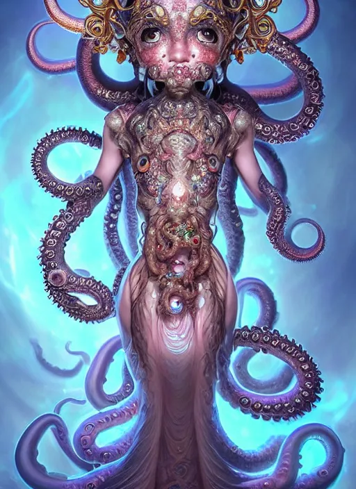 Image similar to A full shot of a cute magical monster Cryptid wearing an ornate dress made of opals and tentacles. Chibi. Subsurface Scattering. Translucent Skin. Caustics. Prismatic light. defined facial features, symmetrical facial features. Opalescent surface. Soft Lighting. beautiful lighting. By Giger and Ruan Jia and Artgerm and WLOP and William-Adolphe Bouguereau and Loish and Lisa Frank. Sailor Moon. Masterpiece. trending on artstation, featured on pixiv, award winning, cinematic composition, dramatic pose, sharp, details, Hyper-detailed, HD, HDR, 4K, 8K.