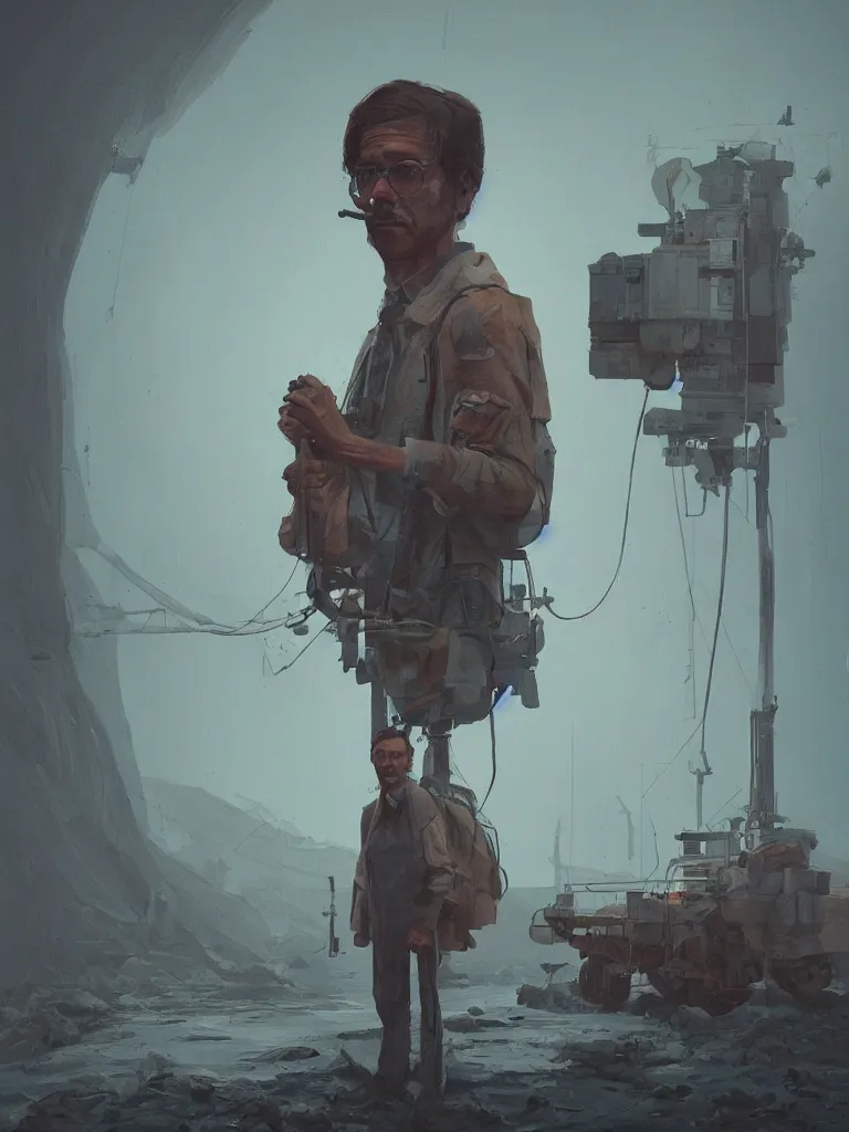 Image similar to a portrait of a researcher like indianer jones in a painting from stalenhag, 4 k, 8 k, hdr, artstation, concept art